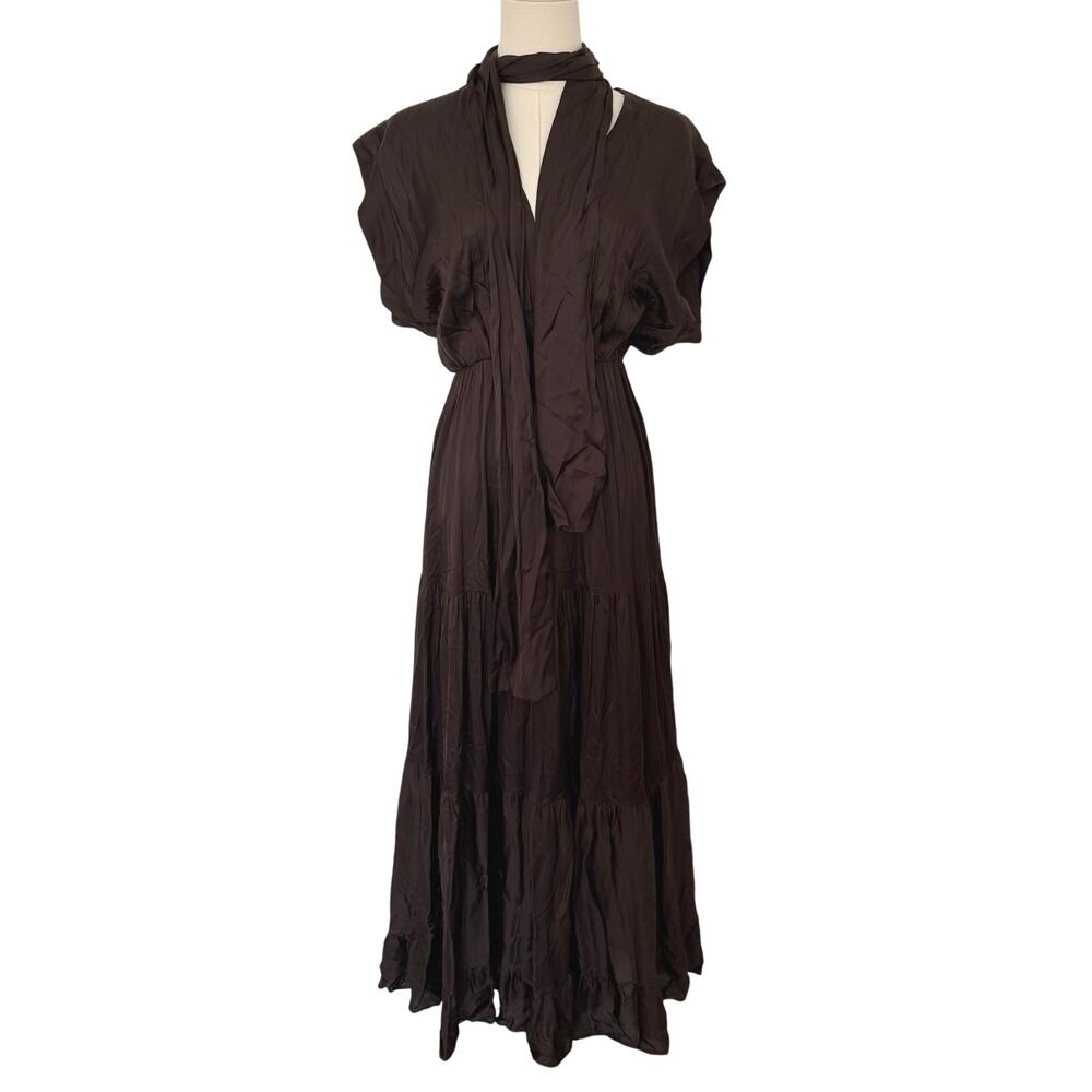 Sofia Made in Italy Chocolate Brown Satin Maxi Dress Scarf Belt Boho Chic Fall